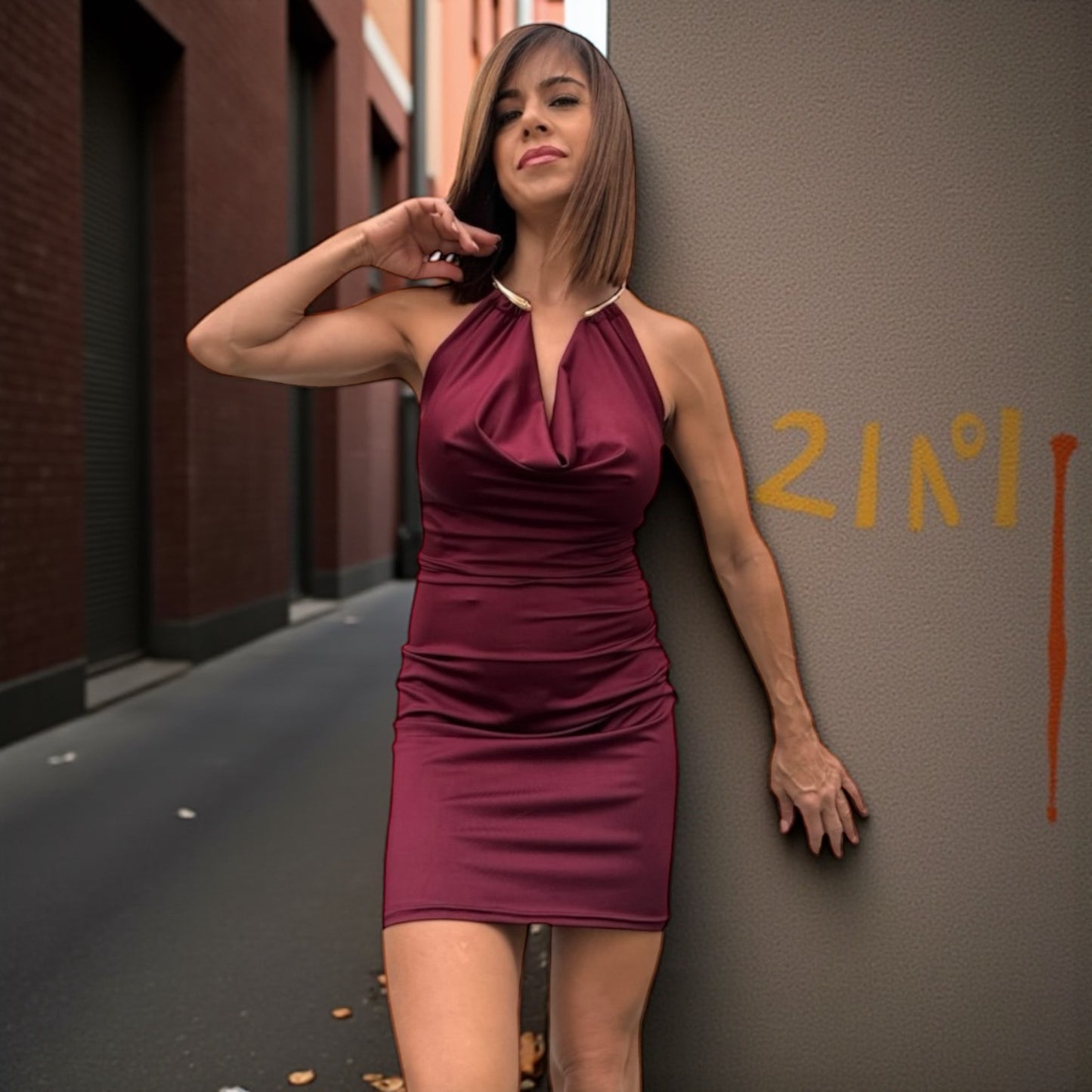 VESTIDO CORTO COLLAR METAL DORADO